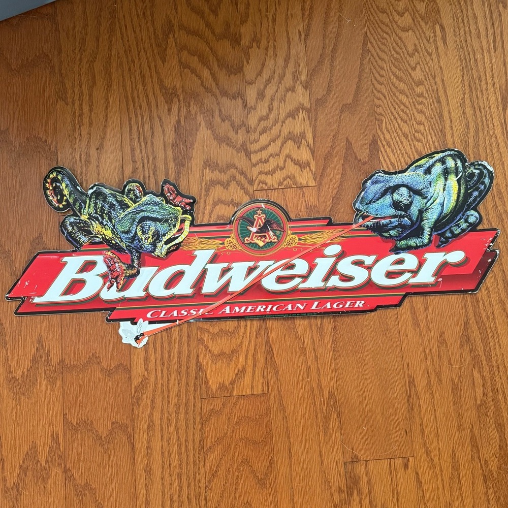VINTAGE BUDWEISER LIZARDS FROG METAL SIGN 31 in X 9 in